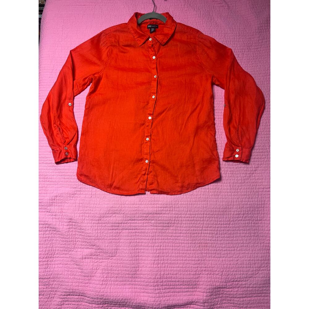 Jones New York 100% Linen Button Down Womens Shirt Orange Coral Long Sleeve